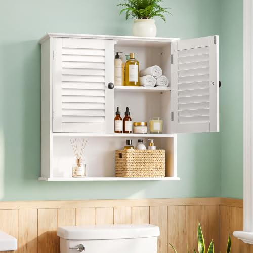 Bathroom Wall Cabinet with Adjustable Shelf, White 25" x 24" Medicine Cabinet with Louvered Doors, Over Toilet Storage Cabinet, Wall Mounted Bathroom Organizer for Bathroom, Laundry Room - size: 24.8" x 23.6" x 8.3"