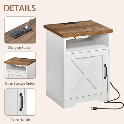 3 Piece Living Room Table Set with Barn Door, Distressed White | Includes Coffee Table and 2 End Tables, Charging Station &USB Ports, Rustic Farmhouse Style, Living Room Furniture Set - color: Distressed White