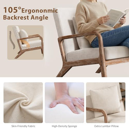 Mid Century Accent Chair with Solid Oak Frame & Linen Fabric, Beige | Upholstered Lumbar Pillow Lounge Chair Linen Fabric Cozy Leisure Chair Walnut Living Room Chair for Bedroom Waiting Room - color: Weathered Oak - Beige Fabric, style: 1 PCS
