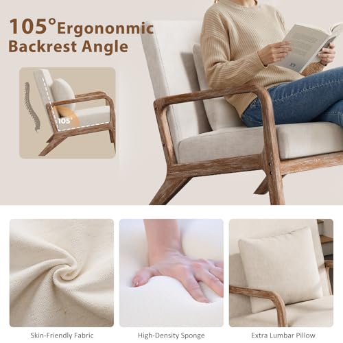 Mid Century Accent Chair with Solid Oak Frame Set of 2, Beige | Upholstered Lumbar Pillow Lounge Chair Linen Fabric Cozy Leisure Chair Walnut Living Room Chair for Bedroom Waiting Room - color: Weathered Oak - Beige Fabric, style: 2 PCS