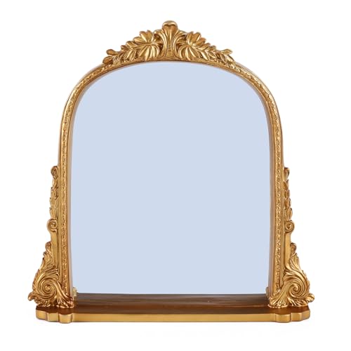 SIKOO 8x10 Inch Arched Vintage Mirror with Shelf, Decorative Wall Art for Home, Resin and Premium Glass, Bronze Gold - color: Bronze Gold