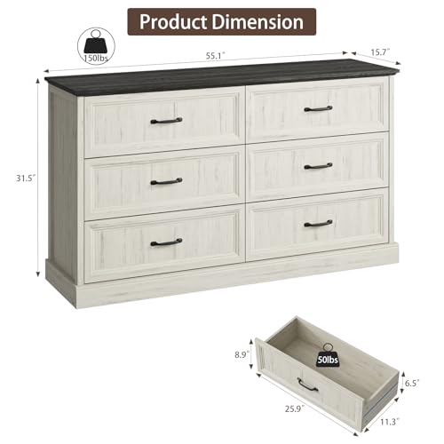 Farmhouse 6 Drawer Dresser for Bedroom, 55" White Dresser with TV Stand | Wide Dresser with Large Drawers & Bar Handles, Rustic Wood Chest of Drawers for Living Room, Hallway, Entryway. - color: White, size: 16"D x 55"W x 31"H (6 Drawers)