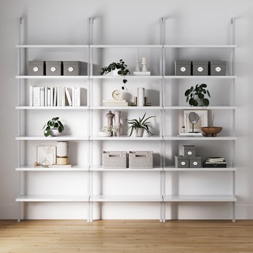 Nathan James Theo 6-Shelf Tall Modern Bookshelf, Wall Mount Ladder Shelf Bookcase with White Wood and Industrial Metal Frame, Matte White/White, Set of 3 - color: White, size: Set of 3