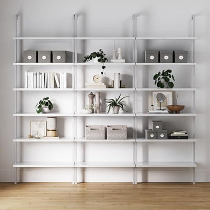 Nathan James Theo 6-Shelf Tall Modern Bookshelf, Wall Mount Ladder Shelf Bookcase with White Wood and Industrial Metal Frame, Matte White/White, Set of 3 - color: White, size: Set of 3