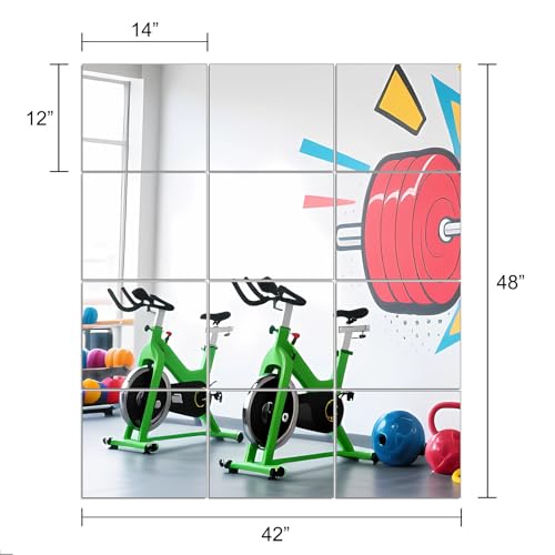 Home Gym Mirror Tiles, 14" x 12" x 12PCS Wall Mirror Tiles Frameless Glass | Workout Mirror Tiles for Garage, Bedroom, Living Room, Over The Door, Frameless Mirror Sets - size: 14"x12"-12pcs