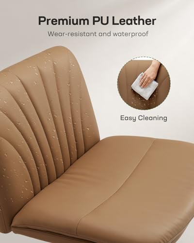 Marsail Armless-Office Desk Chair with Wheels: PU Leather Cross Legged Wide Chair,Comfortable Adjustable Swivel Computer Task Chairs for Home,Office,Make Up,Small Space,Bed Room, Brown - color: Brown
