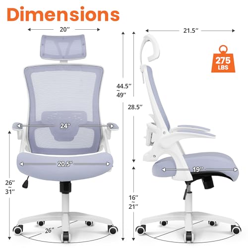 NEO CHAIR Office Desk Chair with Ergonomic High Back Mesh Headrest, Purple | Adjustable Headrest and Lumbar Support with Flip-Up Armrests Designed for Extended Sitting Comfort While Saving Space - color: Purple