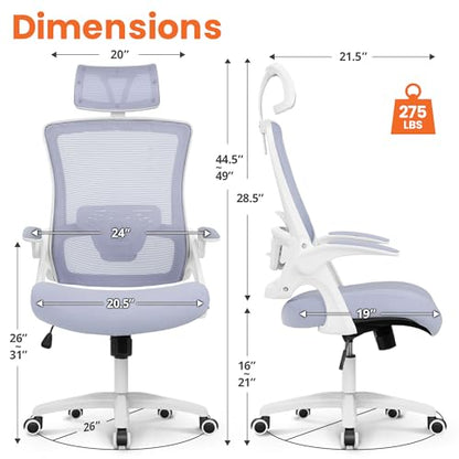 NEO CHAIR Office Desk Chair with Ergonomic High Back Mesh Headrest, Purple | Adjustable Headrest and Lumbar Support with Flip-Up Armrests Designed for Extended Sitting Comfort While Saving Space - color: Purple