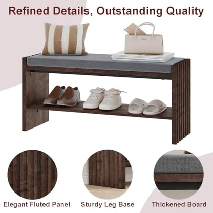 40" Storage Bench with Plush Cushion & 2-Tier Organizer, Modern Entryway Ottoman Bench for Hallway, Mudroom, Bedroom (Rustic Oak) - color: Rustic Oak