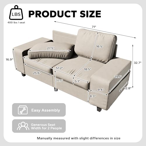 71" Small Loveseat Couch, 2 Seater Chenille Sofa with 4 Side Pockets, Removable and Washable Cushions, Mid Century Modern, Living Room, Apartment, Studio (Cream) - color: Cream Chenille, size: 71 "