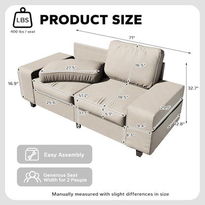 71" Small Loveseat Couch, 2 Seater Chenille Sofa with 4 Side Pockets, Removable and Washable Cushions, Mid Century Modern, Living Room, Apartment, Studio (Cream) - color: Cream Chenille, size: 71 "