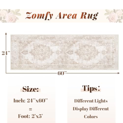 Runner Rug 2x5 Hallway Runner Rugs: Washable Vintage Kitchen Area Rug Medallion Distressed Rugs Non Slip Soft Low Pile Indoor Floor Carpet for Living Room Bedroom Bathroom Laundry(Beige, 2'x5') - color: Beige, size: 2' x 5' (Rectangular)