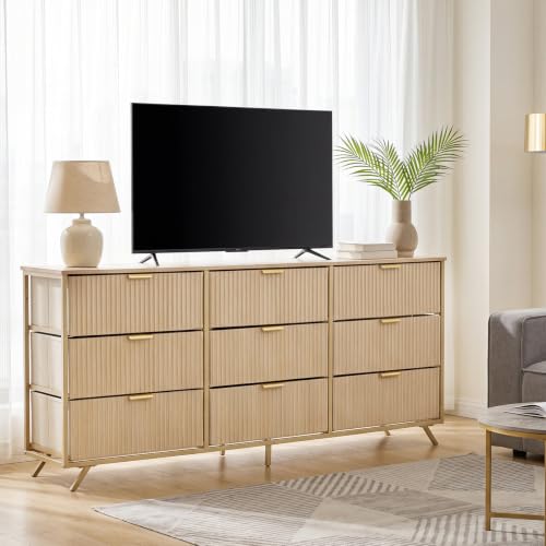 DUMOS Fabric Fluted Dresser, Modern Chest of 9 Fabric Drawers for Bedroom, Large Dressers with Metal Frame & Wooden Top, Storage Organizer Closet for Living Room, Entryway, Natural Oak