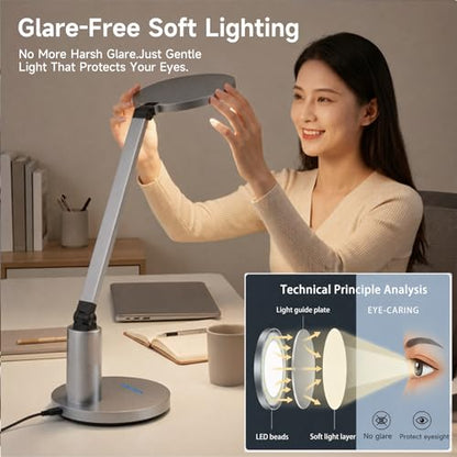 Desk Lamp for Home Office, Eye-Caring Diffused Table Lamp, 3 Colors & Dimmable Computer Lamp with Timer Function, Metal Swing Arm Reading Light