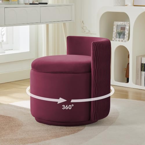 Large Velvet Vanity Chair, 360° Swivel Makeup Chair with Storage, Burgundy | Modern Wide Vanity Stool with Wave Back, No Assembly Barrel Upholstered Closet Stool for Bedroom, Dressing Room, Living Room - color: Burgundy, size: Large