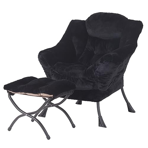 Welnow Lazy Chair with Ottoman, Reading Chair with Footrest, Plush Black | A Side Pocket,Armrests,Foldable Footrest,Thick Cushioned Seat & Backrest, Lounge Chair for Bedroom,Living Room & Small Space - color: Plush Black