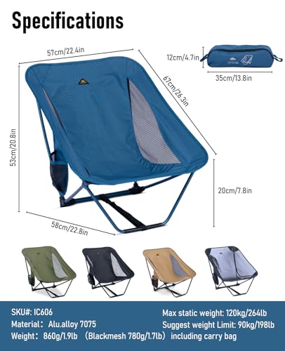 Low Ultralight Compact Folding Chair (Blue) | with Side Pocket and Carry Bag, for Camping Backpacking Hiking - color: Blue