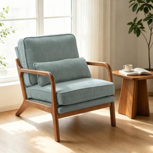 Karl home Mid-Century Modern Accent Reading Chair, Teal | Corduroy Upholstered, Solid Wood Frame, Soft Cushion, Lumbar Pillow, Lounge Armchair for Living Room, Bedroom, Balcony, Study - color: Corduroy Teal