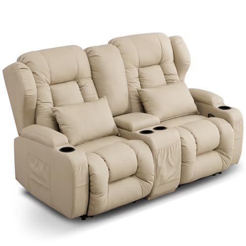 Loveseat Recliner Sofa,RV Wall Hugger Recliners with Console,Reclining Loveseat Sofa Recliner with Cup Holders/Lumbar Pillows for Small Spaces,RV Furniture (Beige,66" 2-Seater) - color: Beige, size: 66" 2-Seater