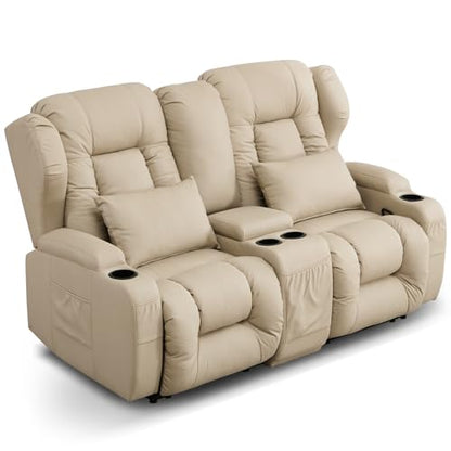 Loveseat Recliner Sofa,RV Wall Hugger Recliners with Console,Reclining Loveseat Sofa Recliner with Cup Holders/Lumbar Pillows for Small Spaces,RV Furniture (Beige,66" 2-Seater) - color: Beige, size: 66" 2-Seater