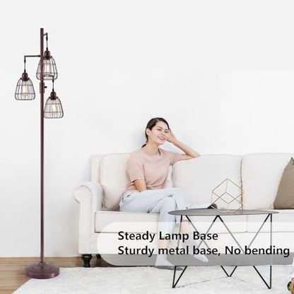 9MMML Dimmable Floor Lamp,Industrial Farmhouse Tall Standing Floor Lamp for Living Room, Bedroom Office,3 Teardrop Cage Lampshade,3 LED Bulbs Inculded. 68'' Tall - color: Oil-Rubbed Bronze