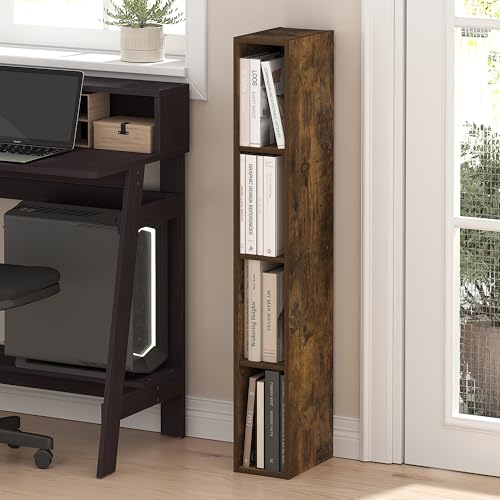 Furinno Fulda Book Shelf, 4-Tier Narrow Bookshelf, Standing Bookcase with 6-in Width Storage Shelf, 9.3 x 5.9 x 41.6, for Organization and Storage, for Living Room, Bedroom, Home Office, Amber Pine - color: Amber Pine, size: 4-Tier, 6W