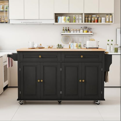 67 Kitchen Island Cart with Drop Leaf Breakfast Bar, Rolling Mobile Kitchen Island Table on Wheels with Storage Cabinet, Drawer, Spice/Towel Rack, Black - size: 67 Inch