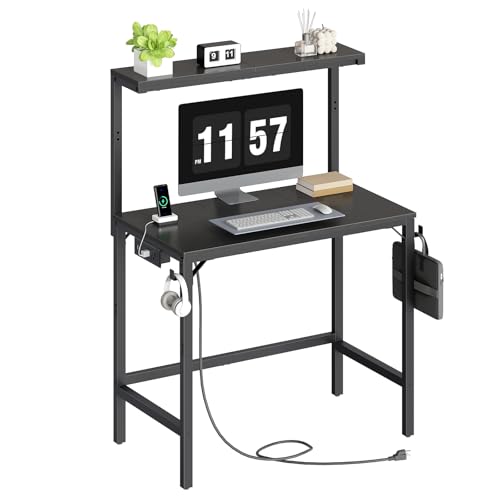 HOOBRO Small Computer Desk, 28.3" Desk for Small Spaces, Home Office Desk with Power Outlet & Adjustable Monitor Stand, Compact Desk with Storage, Writing Table for Bedroom, Office, Black BB38UDN01 - color: Black