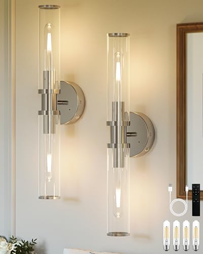 Rayogale Nickel Wireless Battery Operated Wall Sconces with Remote Control | Glass Rechargeable Wall Lights Set of 2 with Timer Function Dimmable for Living Room Bedroom Emergency 3000K, 20.5 Inch - color: Nickel(Clear Tubular Lampshade)