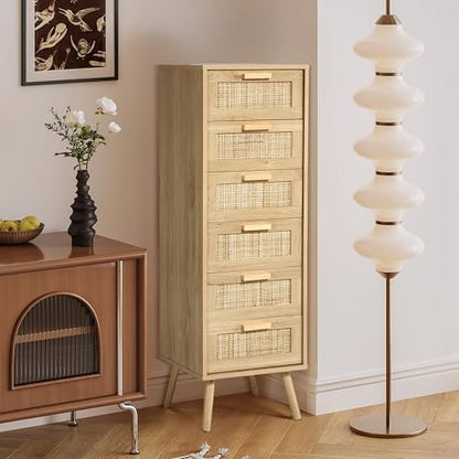 Finnhomy Rattan Dresser for Bedroom, Tall Dresser with 6 Hand Made Rattan Decorated Drawers, Small Chest of Drawers for Living Room, Closet, Hallway, Natural - size: 15.5"D x 15.7"W x 49"H (6 Drawers)