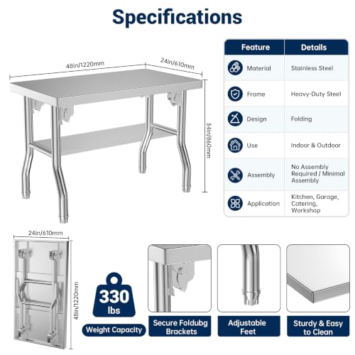 Stainless Steel Folding Table, 48 X 24 Inch Restaurant Tables Double Layer | 4 ft Folding Table, Heavy Duty Commercial Folded Work Table For Vendor Grill Kitchen Prep Outdoor Indoor - size: 48" x 24" Double Layer