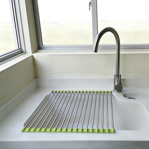 Roll Up Dish Drying Rack, Stainless Steel and Silicone Dish Drying Mat Over The Sink Foldable Drain Rack Multipurpose Dish Drainer for Kitchen, 14.5” x 14”, Green - color: Green