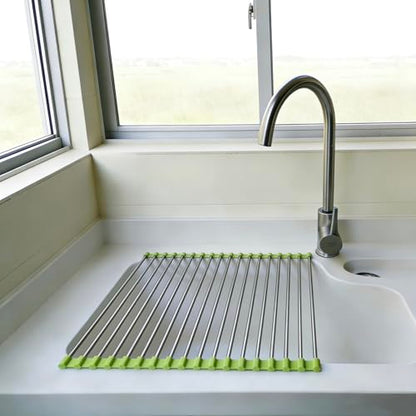 Roll Up Dish Drying Rack, Stainless Steel and Silicone Dish Drying Mat Over The Sink Foldable Drain Rack Multipurpose Dish Drainer for Kitchen, 14.5” x 14”, Green - color: Green