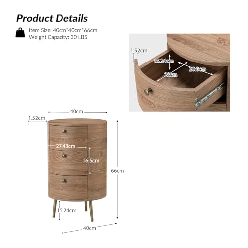 HULALA HOME Round End Table with 3 Storage Drawers, Mid Century Modern Sofa Side Table with Metal Legs, Farmhouse Wood Small Side Table for Living Room, Bedroom and Small Spaces, Oak - color: Oak