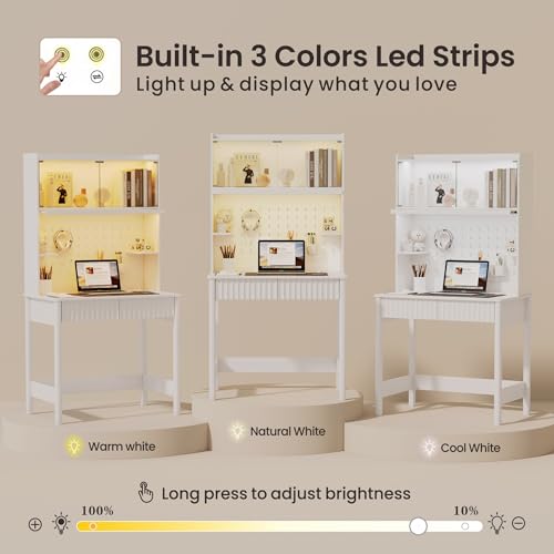 Lvifur 31.5" LEDStudy Desk with Drawer,Hutch,Reading Lights | Computer Desk with Charging Station,2 Drawer,Compact Writing Desks,Home Office Desks for Bedroom,White - color: White-a