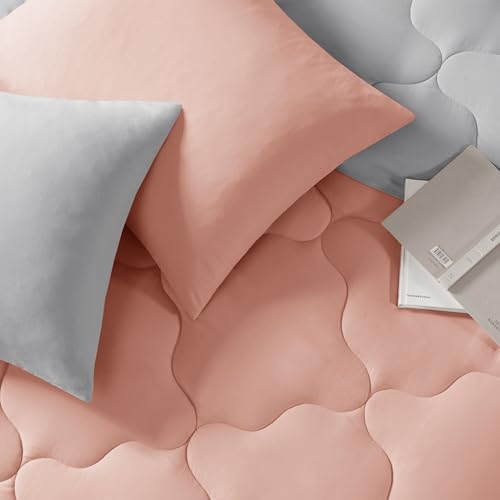Comfort Spaces Vixie Reversible Comforter Set - Trendy Casual Geometric Quilted Cover, All Season Down Alternative Cozy Bedding, Matching Sham, Coral/Gray, Twin/Twin XL 2 piece | Down Alternative, All Season, Bedding for Bedroom, Geometric Pattern, Revers