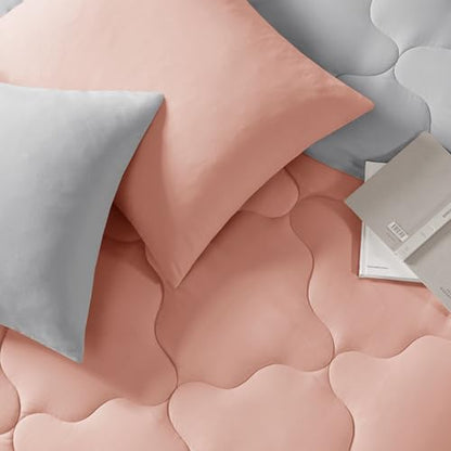 Comfort Spaces Vixie Reversible Comforter Set - Trendy Casual Geometric Quilted Cover, All Season Down Alternative Cozy Bedding, Matching Sham, Coral/Gray, Twin/Twin XL 2 piece | Down Alternative, All Season, Bedding for Bedroom, Geometric Pattern, Revers