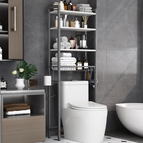Kalrin Over-The-Toilet Storage Rack, 4-Tier Bathroom Organizer Shelf Over Toilet with Adjustable Shelf and Basket, Freestanding Space Saver Bathroom Shelves Above Toilet for Room (Gray- White) - color: Gray- White