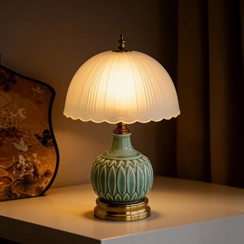 Vintage Green Ceramic Small Table Lamp with White Glass Shade | 15.7" Plug In Dimmable Nightstand Accent Desk Lamp for Bedroom Bedside & Cottage, Aesthetic Home Decor, Bulb Included - style: Bamboo Leaf + White Glass