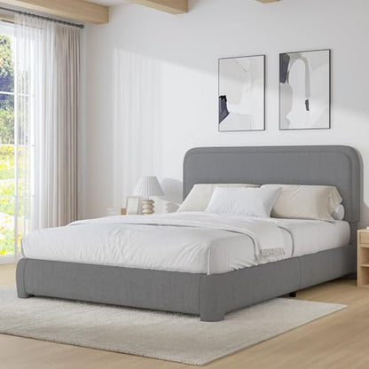 BarnFurin Full Bed Frame, Cloud Boucle Headboard, Low Profile, Light Grey | Soft boucle and rounded edges create a low-profile cloud look. Wooden slats support the mattress without a box spring - color: Light Grey, size: Full