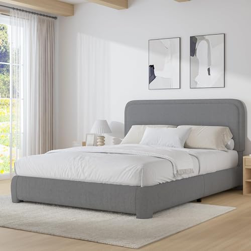 BarnFurin Full Bed Frame, Cloud Boucle Headboard, Low Profile, Light Grey | Soft boucle and rounded edges create a low-profile cloud look. Wooden slats support the mattress without a box spring - color: Light Grey, size: Full