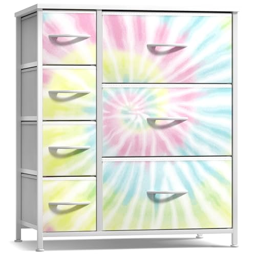 Sorbus Dresser with 7 Drawers - Furniture Storage Chest for Kid’s, Teens, Bedroom, Nursery, Playroom, Clothes, Toys - Steel Frame, Wood Top, Tie-dye Fabric Bins (7-Drawer, Tie-Dye) - color: Light Tie-dye