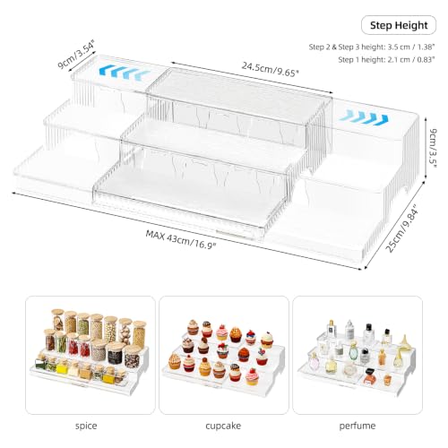 3-Tier Expandable Clear Spice Rack Organizer 2 Pack Adjustable Tiered Seasoning Shelf with Non-Slip Textured Surface, Multi-Purpose Cabinet Organizer for Kitchen Pantry Countertop Vanity