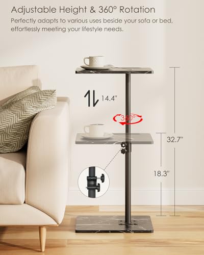 Masupu Sofa Arm Tray Table - 360° Swivel Height Adjustable End Table, Small Snack Side Table for Couch, C Shaped Table for Bed, Chair or TV Tray Table(Marble Black) - color: Marble Black