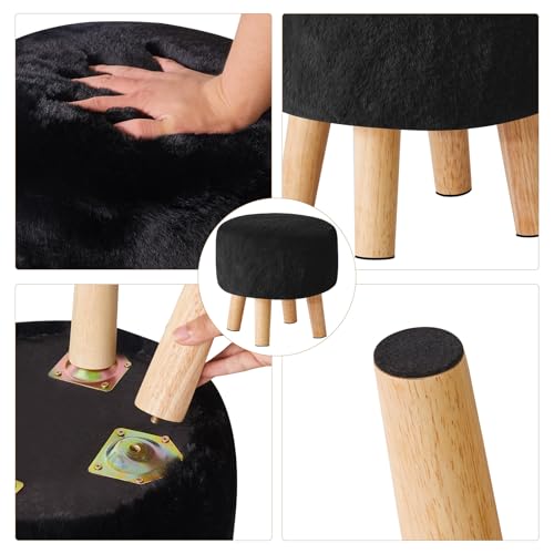 YMYNY Round Pouf Ottoman, 12.6" Small Foot Stool, Black HBD035B | Faux Fur, Wood Legs, Foot Rest for Couch, Modern Boho for Living Room Bedroom Office - color: Black