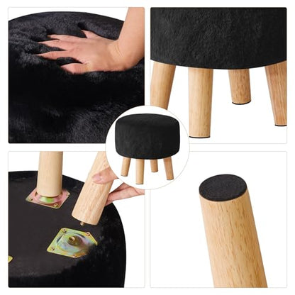 YMYNY Round Pouf Ottoman, 12.6" Small Foot Stool, Black HBD035B | Faux Fur, Wood Legs, Foot Rest for Couch, Modern Boho for Living Room Bedroom Office - color: Black
