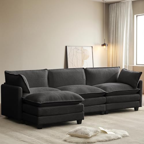 ROWHY 112'' Modular Sectional Cloud Couch with Movable Ottoman, 4 Seat Modern Chenille Sofa, Deep Seat L Shaped Couch for Living Room Bedroom Apartment, Grey | Sturdy Frame - color: Grey, size: 112''