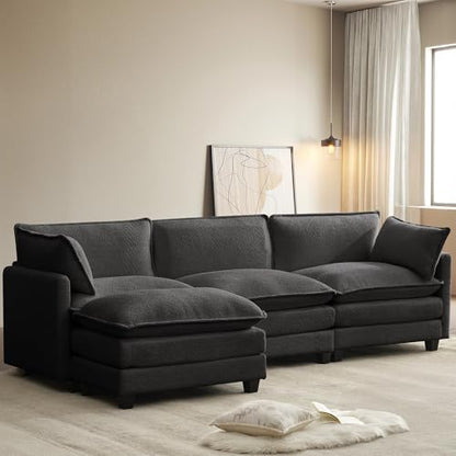 ROWHY 112'' Modular Sectional Cloud Couch with Movable Ottoman, 4 Seat Modern Chenille Sofa, Deep Seat L Shaped Couch for Living Room Bedroom Apartment, Grey | Sturdy Frame - color: Grey, size: 112''