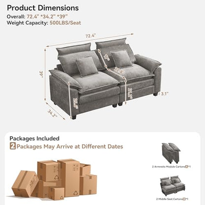 72'' Cloud Modern Loveseat Couch with Detachable Headrest, Modular Sectional Sofa Couch Deep Love Seat, Oversized 2 Seater Chenille Comfy Sofa with Armrests for Living Room, Light Grey - color: Light Grey, size: Loveseat