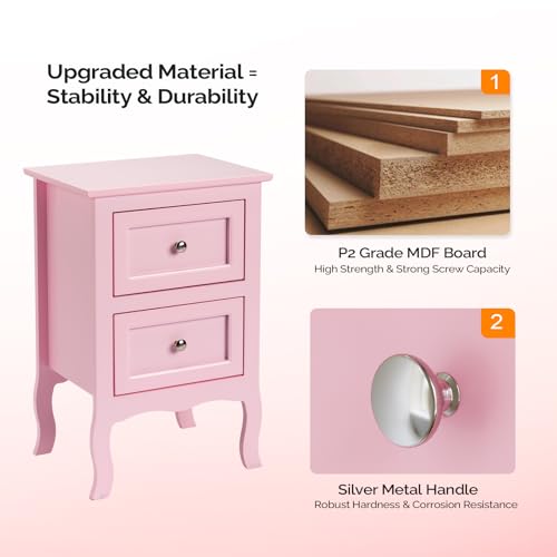 Bonnlo Nightstand Set of 2, Nightstands with 2 Drawers, Bed Side Table/Night Stand, Pink Nightstand, Small Nightstand for Bedroom, College Dorm, Kids’ Room, Living Room, Wood, 16W x 12D x 24H - color: Pink